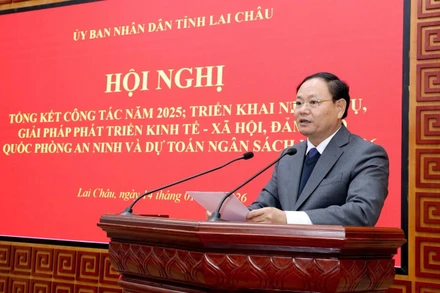 Bí thư Tỉnh ủy Lai Châu Lê Minh Ngân phát biểu tại hội nghị triển khai công tác năm 2026. (Ảnh: TTXVN phát)