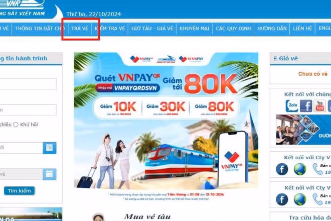 Tính năng trả vé trực tuyến không thu phí trên trang web https://dsvn.vn.