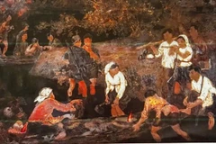 Tác phẩm sơn mài "Dân quân Đại Phong đi khai hoang" của họa sĩ Đỗ Hữu Huề.