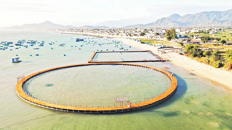 Lồng nuôi mực thương phẩm trong môi trường bán tự nhiên bằng công nghệ nhựa HDPE, rộng gần 3.000m2 của Công ty cổ phần Mực nhảy Biển Đông.