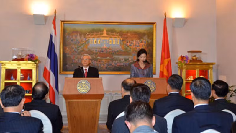 Trong chuyến thăm chính thức Thái Lan từ ngày 25-27/6/2013 của Tổng Bí thư Nguyễn Phú Trọng, quan hệ Việt Nam-Thái Lan được nâng cấp lên Đối tác chiến lược. (Ảnh: XUÂN SƠN)