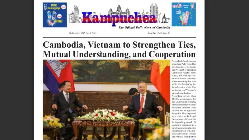 Trang nhất báo Kampuchea đăng bài viết về chuyến tham dự lễ kỷ niệm 50 năm Ngày Giải phóng miền nam, thống nhất đất nước tại Việt Nam (30/4/1975-30/4/2025) của Chủ tịch Thượng viện, Chủ tịch Đảng Nhân dân Campuchia Samdech Techo Hun Sen và quan hệ Việt Nam-Campuchia.