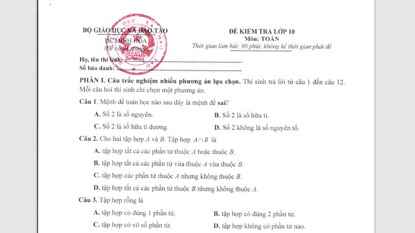 Một phần đề thi minh họa môn Toán.