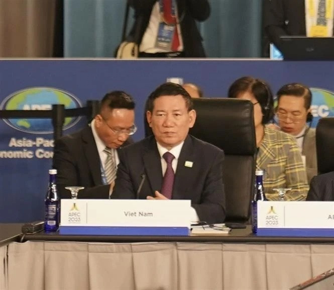 Bộ trưởng Hồ Đức Phớc tại Hội nghị Bộ trưởng Tài chính APEC năm 2023 sáng 13/11. (Ảnh: TTXVN)