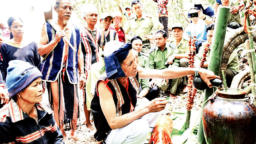 Già làng Siu Tơr cùng bà con thực hiện nghi lễ cúng thần Rừng.