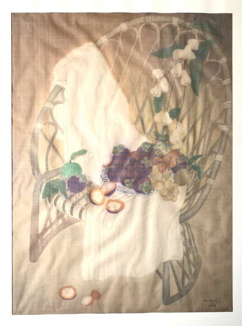 Kim Bạch, Tĩnh vật hoa trái, lụa, 85x62cm, năm 1987. 