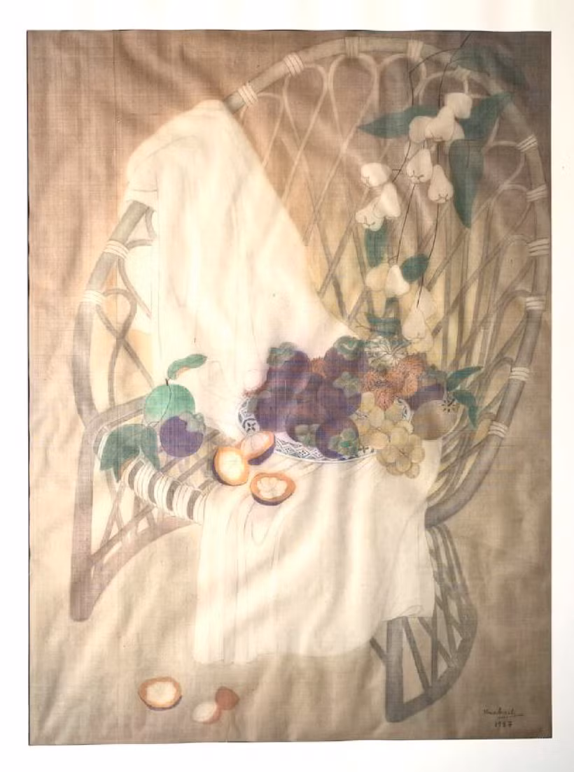 Kim Bạch, Tĩnh vật hoa trái, lụa, 85x62cm, năm 1987. 