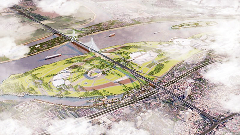 Phối cảnh cầu Tứ Liên bắc qua sông Hồng.