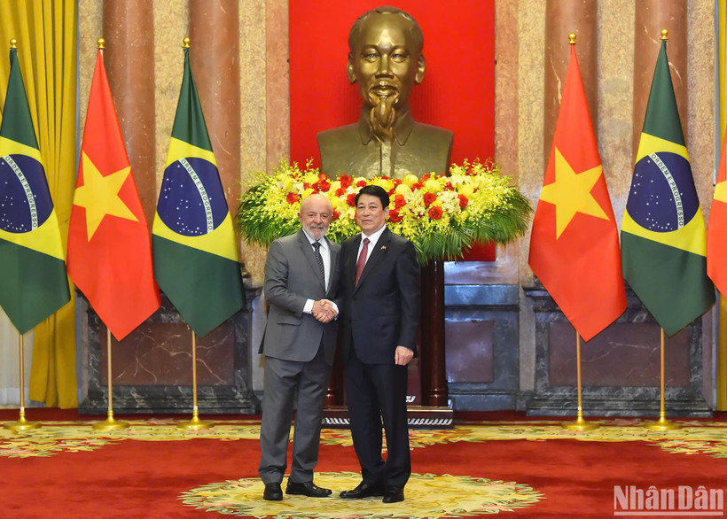 Chủ tịch nước Lương Cường hội đàm với Tổng thống Cộng hòa Liên bang Brasil Luiz Inácio Lula da Silva. (Ảnh: THỦY NGUYÊN)