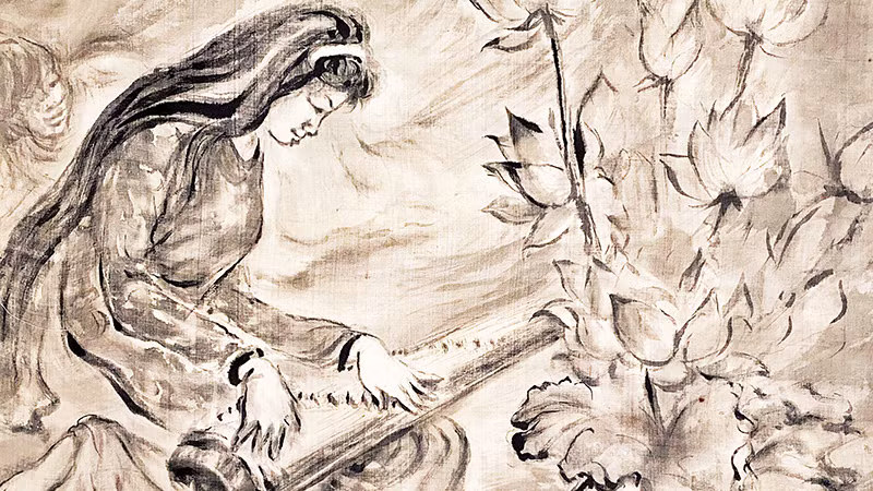 Một tác phẩm của cố họa sĩ Tú Duyên trưng bày tại triển lãm “Nhành hương xưa”.