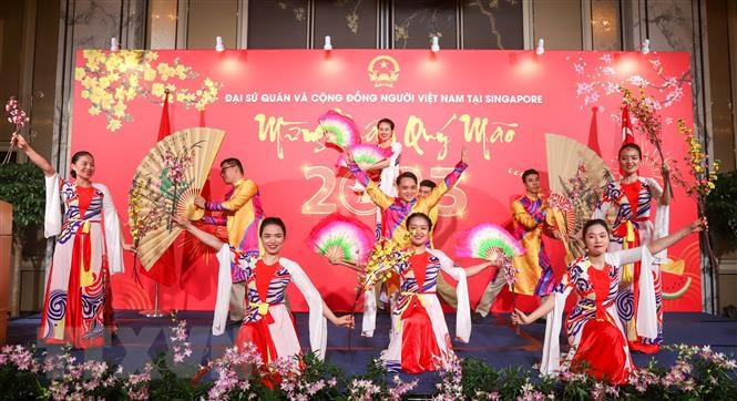 Các tiết mục văn nghệ cây nhà lá vườn do bà con kiều bào dàn dựng và biểu diễn. (Ảnh: TTXVN)