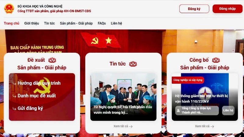 Giao diện Cổng thông tin tiếp nhận và công bố các sản phẩm, giải pháp khoa học, công nghệ, đổi mới sáng tạo và chuyển đổi số. (Ảnh: TL)