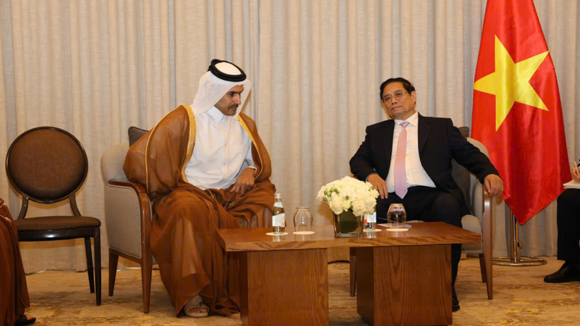 Thủ tướng Phạm Minh Chính làm việc với Quốc vụ khanh phụ trách về năng lượng Qatar Saad bin Sherida Al Kaabi. (Ảnh: Nguyên Minh)