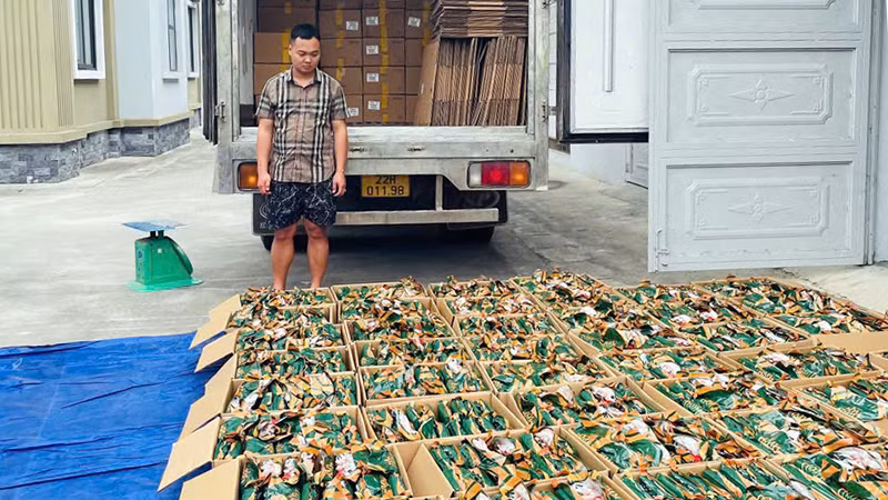 Hơn 5 tấn chân gà rút xương đông lạnh không rõ nguồn gốc của hộ kinh doanh Đ.V.T bị phát hiện, thu giữ.