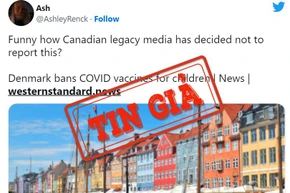 Ảnh chụp màn hình một bài đăng trên Twitter chia sẻ bài báo đưa tin sai lệch về việc dừng tiêm vaccine cho trẻ em ở Đan Mạch.