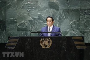 Thủ tướng Phạm Minh Chính phát biểu tại Phiên thảo luận chung cấp cao Khóa 78 Đại hội đồng Liên hợp quốc. (Ảnh: TTXVN) 