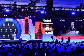 Chủ tịch nước Võ Văn Thưởng phát biểu tại Hội nghị Thượng đỉnh Doanh nghiệp APEC. (Ảnh: Thống Nhất/TTXVN) 