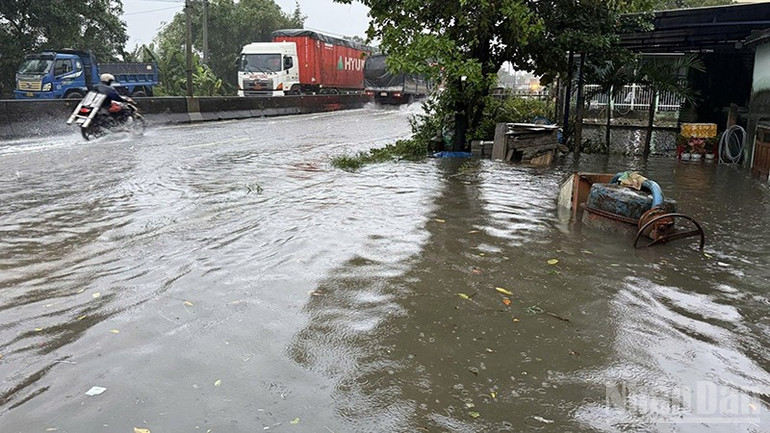 Tuyến Quốc lộ 1A đoạn qua khu vực gần cầu Bà Rén (xã Xuân Phú) ngập sâu trong nước lũ. ndo_br_4-458.jpg