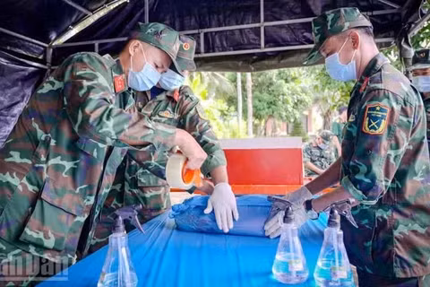 Đội lấy mẫu cẩn thận lấy mẫu hài cốt liệt sĩ chưa xác định được thông tin để phục vụ giám định ADN tại nghĩa trang liệt sĩ tỉnh An Giang, ở phường Rạch Giá.