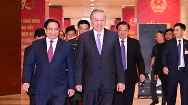 Thủ tướng Phạm Minh Chính đón Tổng Bí thư Tô Lâm đến dự Lễ kỷ niệm 80 năm Thành lập Chính phủ. 