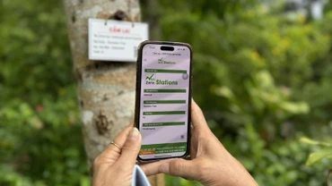 Khách du lịch tìm hiểu về những loài cây có lưu trữ carbon thông qua mã QR. (Ảnh: TTXVN)