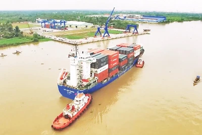 Tàu vận chuyển hàng hóa cập cảng Thốt Nốt, thành phố Cần Thơ.