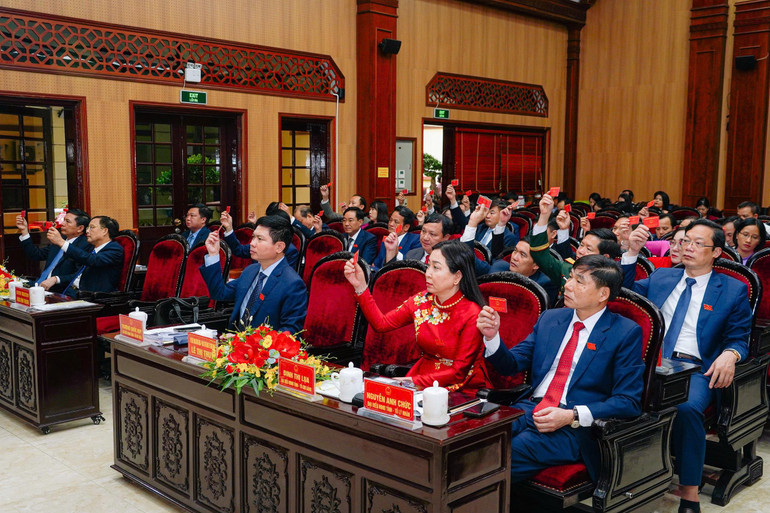 Các đại biểu biểu quyết thông qua nghị quyết. 6e.jpg
