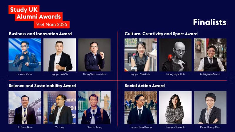 12 ứng viên giải thưởng Study UK Alumni Awards 2026. (Ảnh: HỘI ĐỒNG ANH TẠI VIỆT NAM)