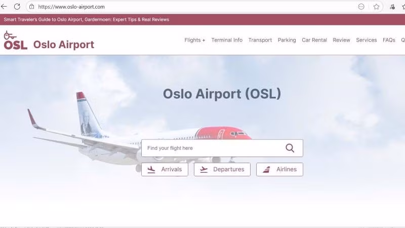 Website của sân bay Oslo, Na Uy. (ẢNH CHỤP MÀN HÌNH)