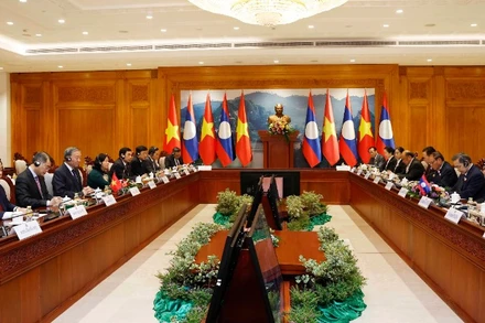 Tổng Bí thư Tô Lâm hội kiến Chủ tịch Quốc hội Lào Saysomphone Phomvihane. (Ảnh: Thống Nhất/TTXVN)