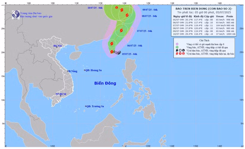 Áp thấp nhiệt đới đã mạnh lên thành Bão số 2, giật cấp 12 ở khu vực Bắc Biển Đông 