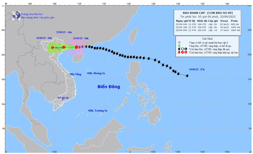 Bản đồ dự báo quỹ đạo và cường độ bão số 9 phát lúc 5 giờ sáng 25/9/2025. (Ảnh: Trung tâm Dự báo khí tượng thủy văn quốc gia)