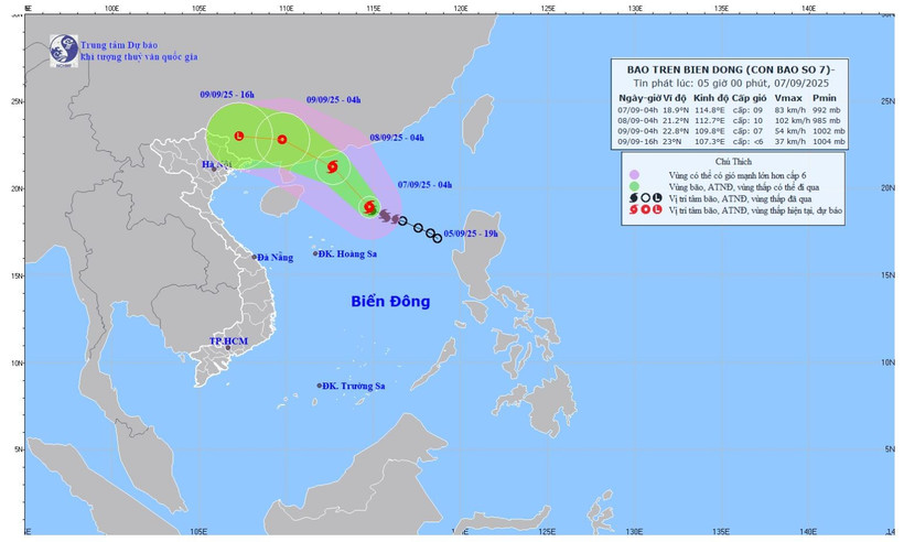 Bản đồ dự báo quỹ đạo và cường độ bão lúc 5 giờ sáng 7/9/2025. (Ảnh: Trung tâm Dự báo khí tượng thủy văn quốc gia)