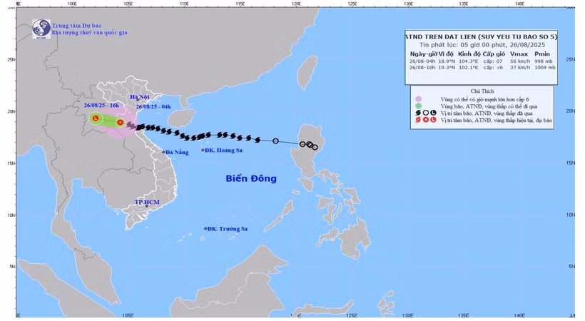 Bản đồ dự báo quỹ đạo và cường độ bão số 5 phát lúc 5 giờ ngày 26/8/2025. (Ảnh: Trung tâm Dự báo khí tượng thủy văn quốc gia)
