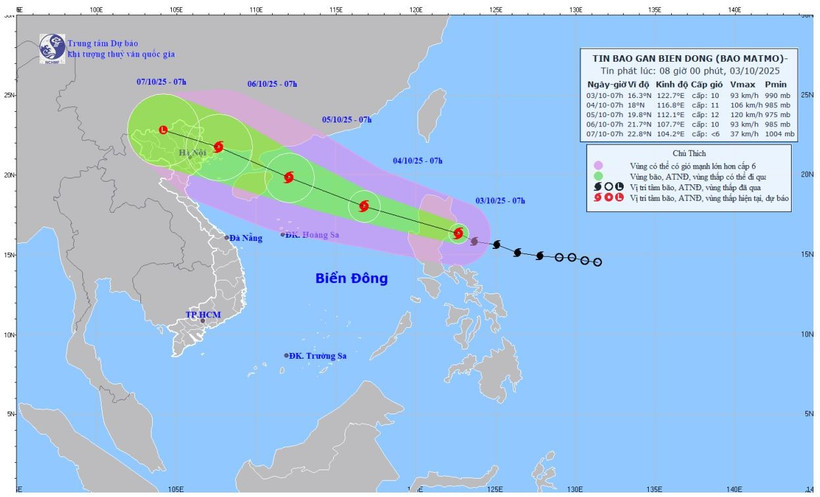 Bản đồ dự báo quỹ đạo và cường độ bão phát lúc 8 giờ sáng 3/10/2025. (Nguồn: Trung tâm Dự báo khí tượng thủy văn quốc gia)