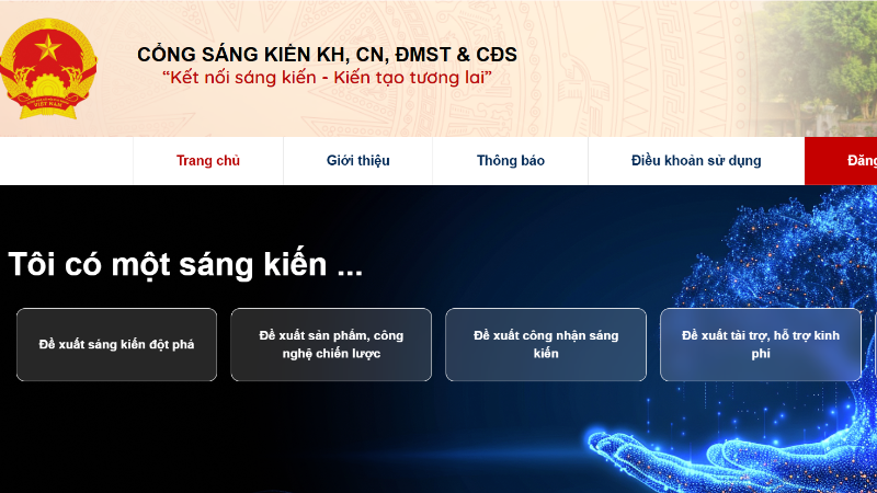 Giao diện của Cổng sáng kiến tiếp nhận và lan tỏa sáng kiến khoa học, công nghệ, đổi mới sáng tạo và chuyển đổi số.