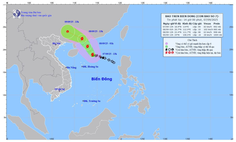 Bản đồ dự báo quỹ đạo và cường độ bão lúc 14 giờ ngày 7/9/2025. (Ảnh: Trung tâm Dự báo khí tượng thủy văn quốc gia)