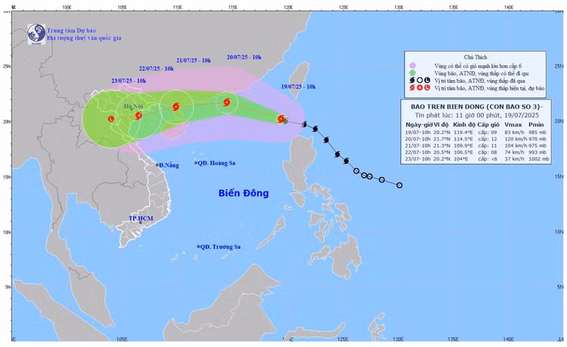 Bản đồ dự báo quỹ đạo và cường độ Bão số 3 phát lúc 11 giờ ngày 19/7/2025. (Ảnh: Trung tâm Dự báo khí tượng thủy văn quốc gia)