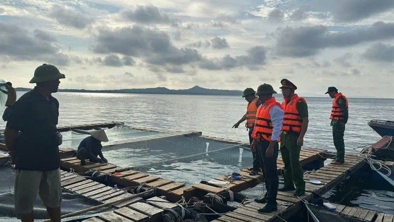 Lực lượng Công an và Bộ đội Biên phòng đặc khu Cô Tô (Quảng Ninh) hướng dẫn người dân gia cố lồng bè nuôi trồng trước khi bão số 9 đổ bộ. (Ảnh: QUANG THỌ)