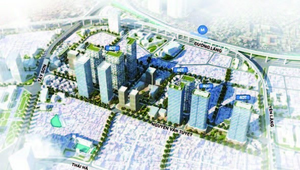 Phối cảnh khu tập thể Vĩnh Hồ (thuộc địa bàn hai phường Thịnh Quang và Trung Liệt cũ) sau cải tạo với các tòa nhà xây mới có quy mô 40 tầng.