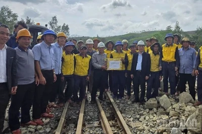 Thứ trưởng Xây dựng Nguyễn Danh Huy (mũ trắng, áo xám, đứng giữa) thị sát chỉ đạo công trường khắc phục sự cố đường sắt và tặng quà công nhân thi công.