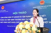 Bà Nguyễn Việt Chi, Phó Vụ trưởng Vụ Chính sách thương mại đa biên (Bộ Công thương), giới thiệu về Cộng đồng Kinh tế ASEAN.