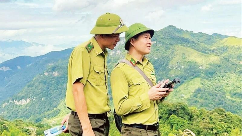 Cán bộ Hạt Kiểm lâm số 3 sử dụng thiết bị bay không người lái theo dõi diễn biến rừng.