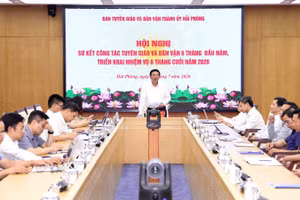 Trưởng Ban Tuyên giáo và Dân vận Thành ủy Hải Phòng Nguyễn Quang Phúc phát biểu tại hội nghị sơ kết công tác tuyên giáo và dân vận 6 tháng đầu năm 2026.