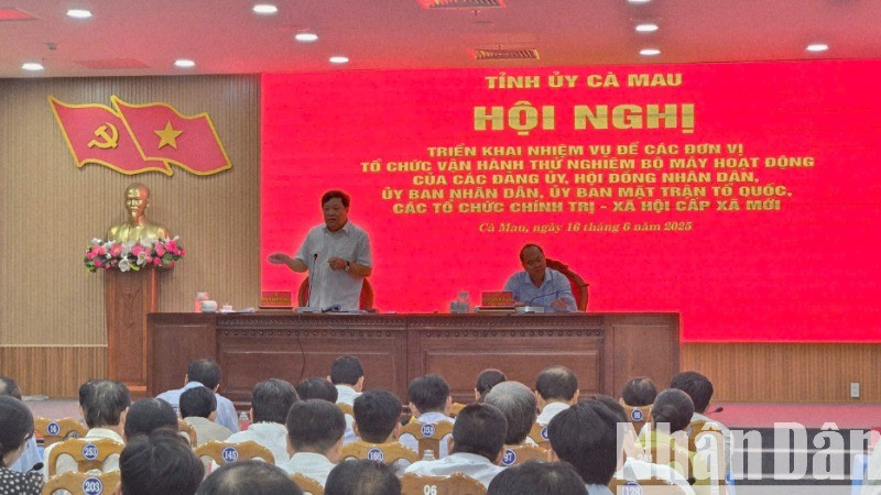 Chủ tịch Ủy ban nhân dân tỉnh Cà Mau Phạm Thành Ngại (đứng trên) phát biểu tại hội nghị chiều 16/6.