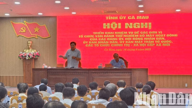 Chủ tịch Ủy ban nhân dân tỉnh Cà Mau Phạm Thành Ngại (đứng trên) phát biểu tại hội nghị chiều 16/6.