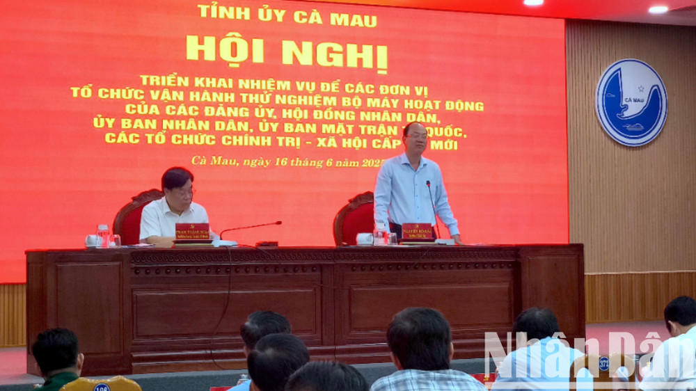 Bí thư Tỉnh ủy Cà Mau Nguyễn Hồ Hải (đứng trên) phát biểu chỉ đạo tại hội nghị. sap-xep-4-3130.jpg