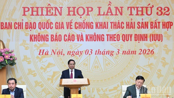 Thủ tướng Chính phủ Phạm Minh Chính chủ trì phiên họp lần thứ 32 của Ban Chỉ đạo Quốc gia về IUU. (Ảnh: TRẦN HẢI)