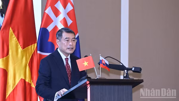 Thủ tướng Chính phủ Lê Minh Hưng phát biểu ý kiến tại Diễn đàn Doanh nghiệp Việt Nam-Slovakia. (Ảnh: TRẦN HẢI)