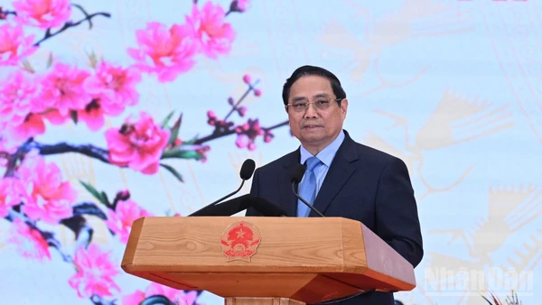 Thủ tướng Chính phủ Phạm Minh Chính phát biểu chúc mừng Xuân Bính Ngọ 2026 tại tiệc chiêu đãi Đoàn Ngoại giao. (Ảnh: Trần Hải)